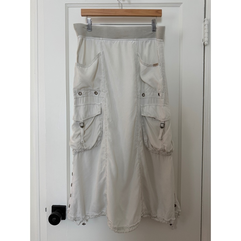XCVI Cargo Midi Skirt Beige Lyocell Utility Gorpcore Drawstring Hem Size M Y2K